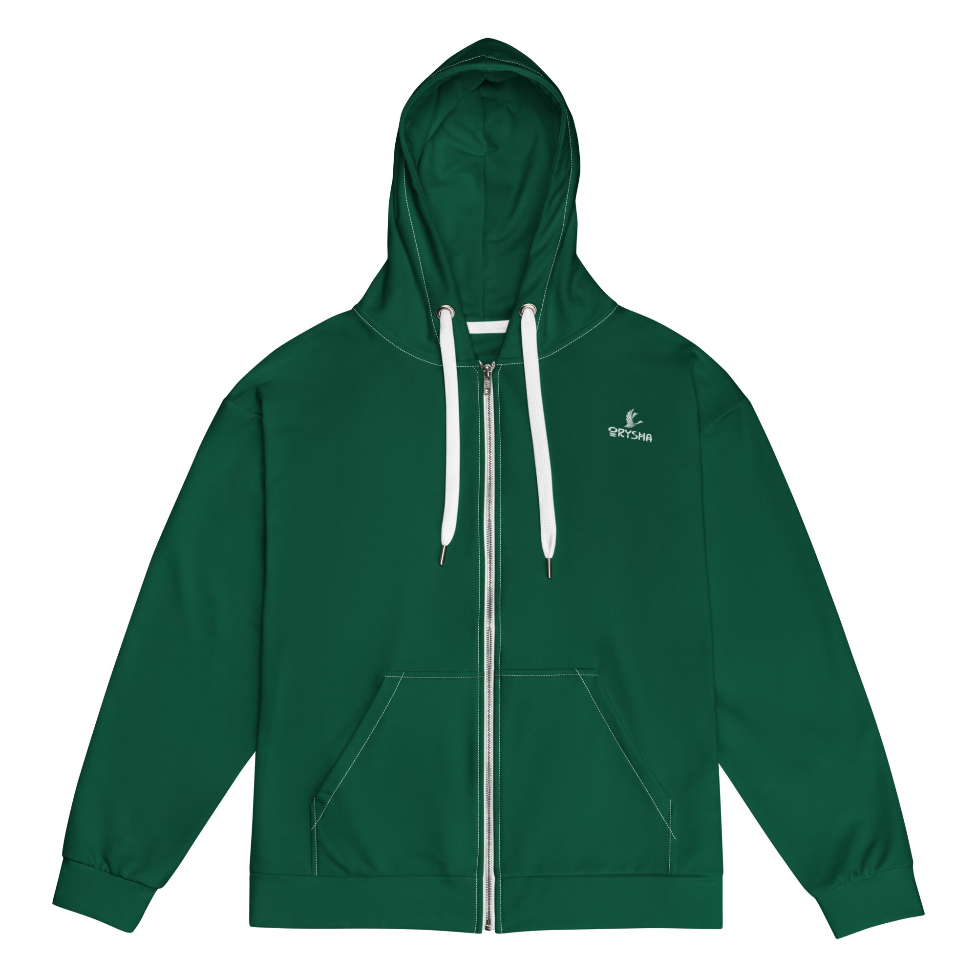 Orysha green zip hoodie with white drawstrings and printed logo on chest.