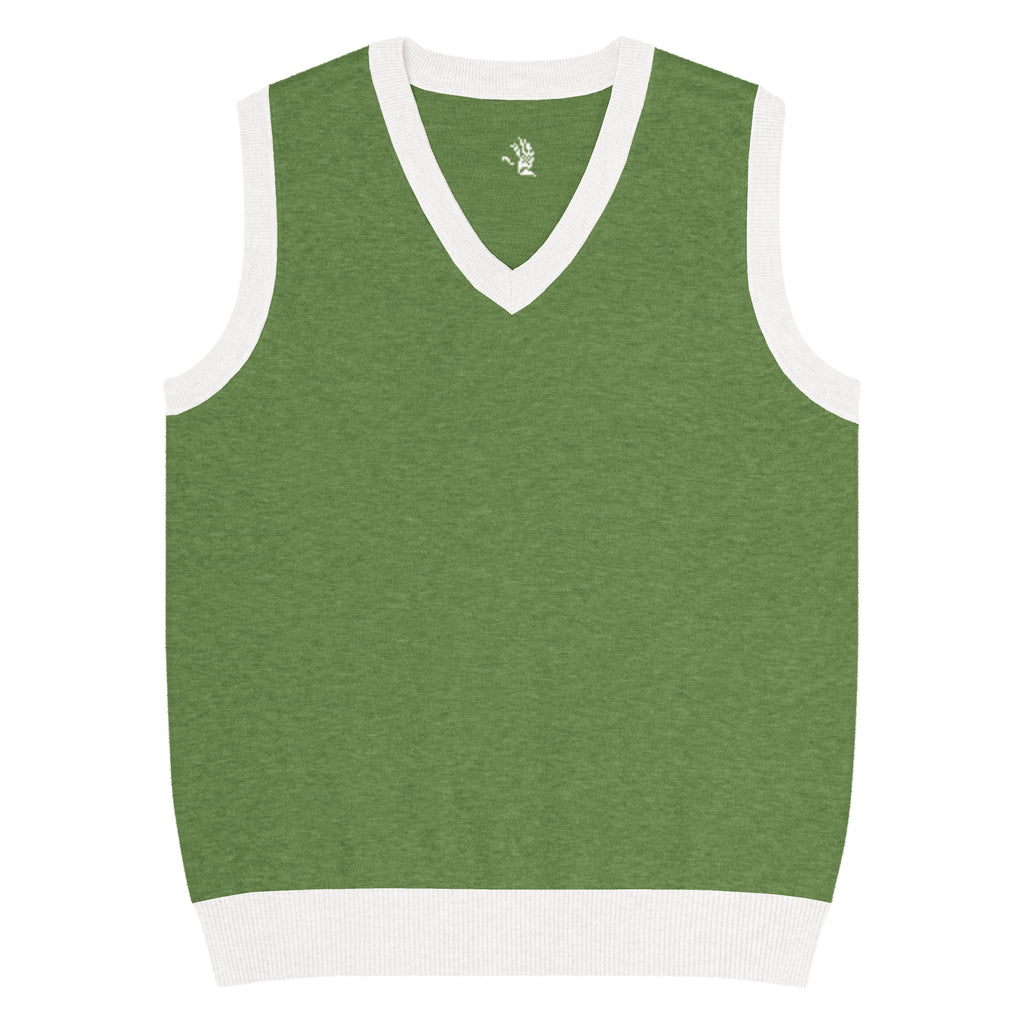 Green sleeveless shirt with white trim on a white background