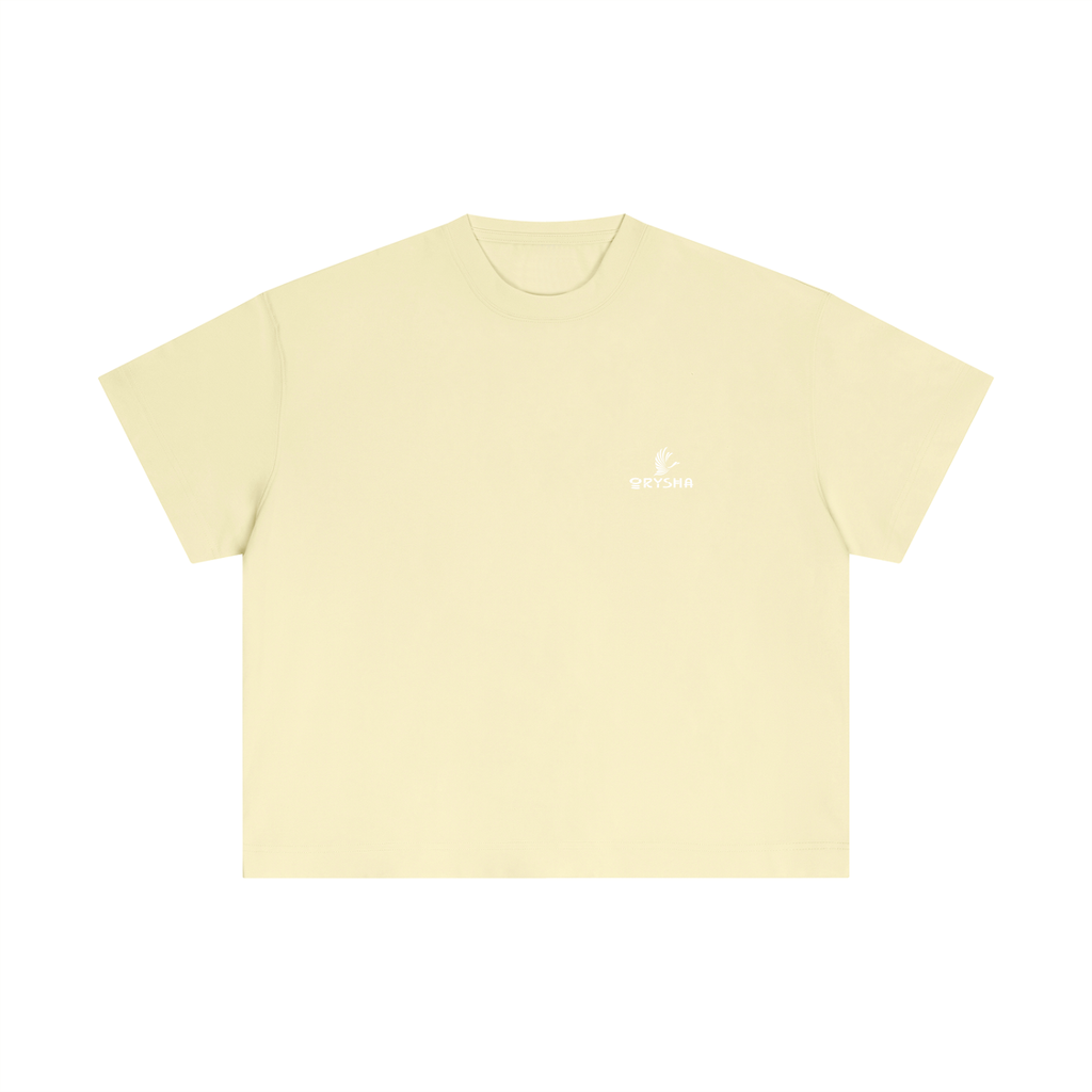Beige t-shirt with text on a white background