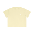 Beige t-shirt with text on a white background