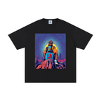 Men’s black LA graphic t-shirt with colorful streetwear illustration design on cotton tee
