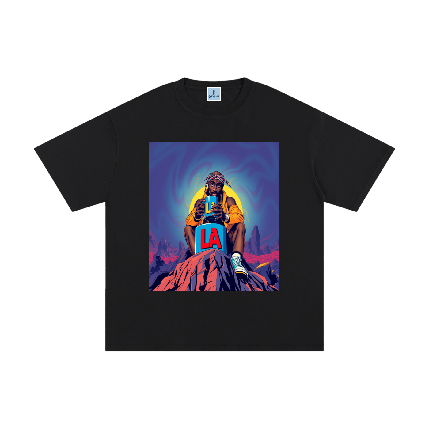 Men’s black LA graphic t-shirt with colorful streetwear illustration design on cotton tee