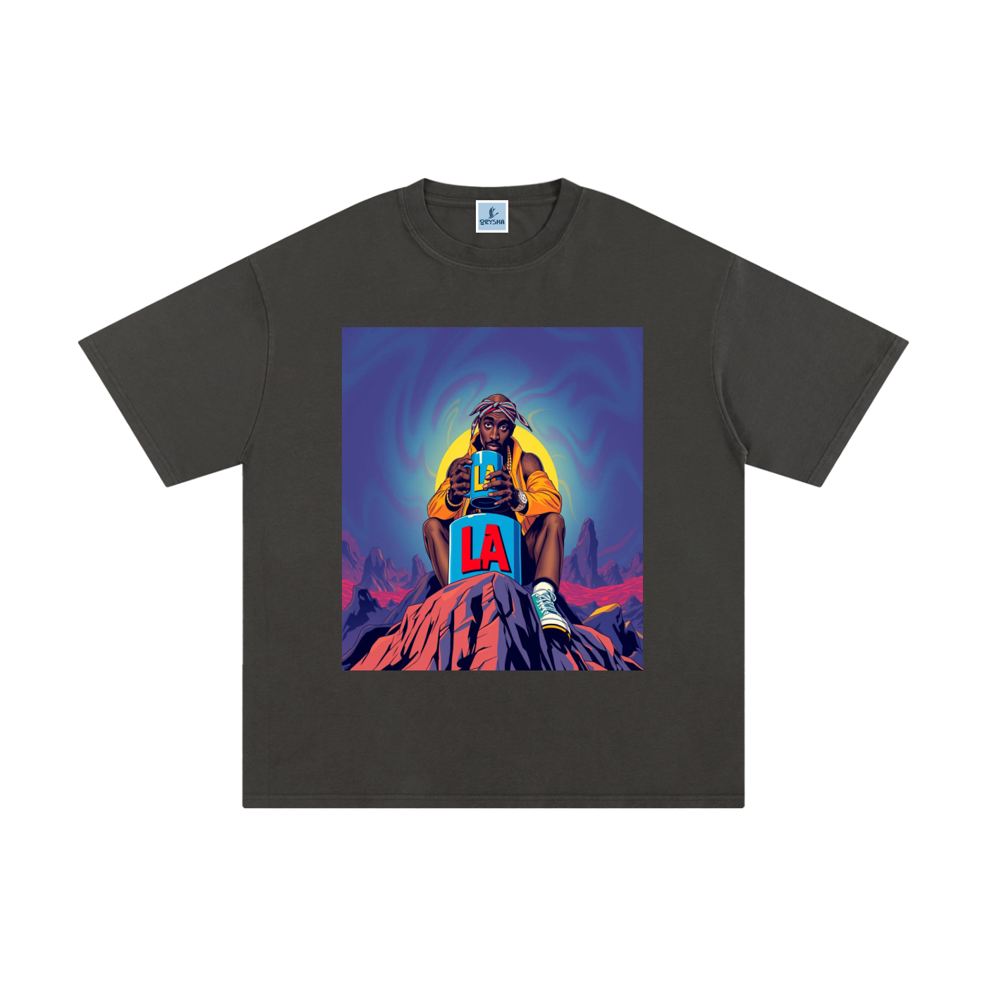 Unisex gray LA graphic cotton t-shirt with colorful artistic streetwear design on front