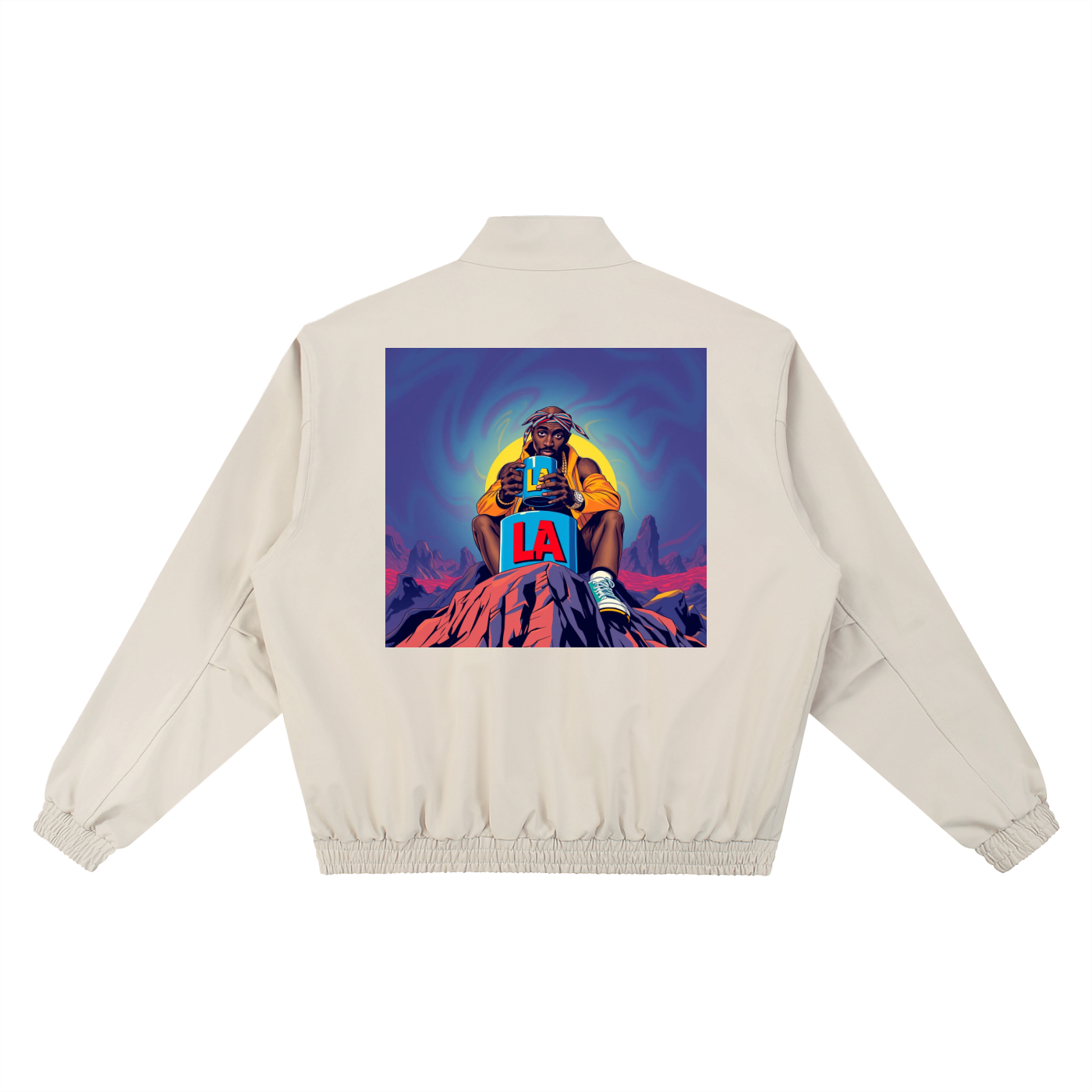 Beige jacket with a colorful graphic on the back featuring a person with 'LA' on a mountain.