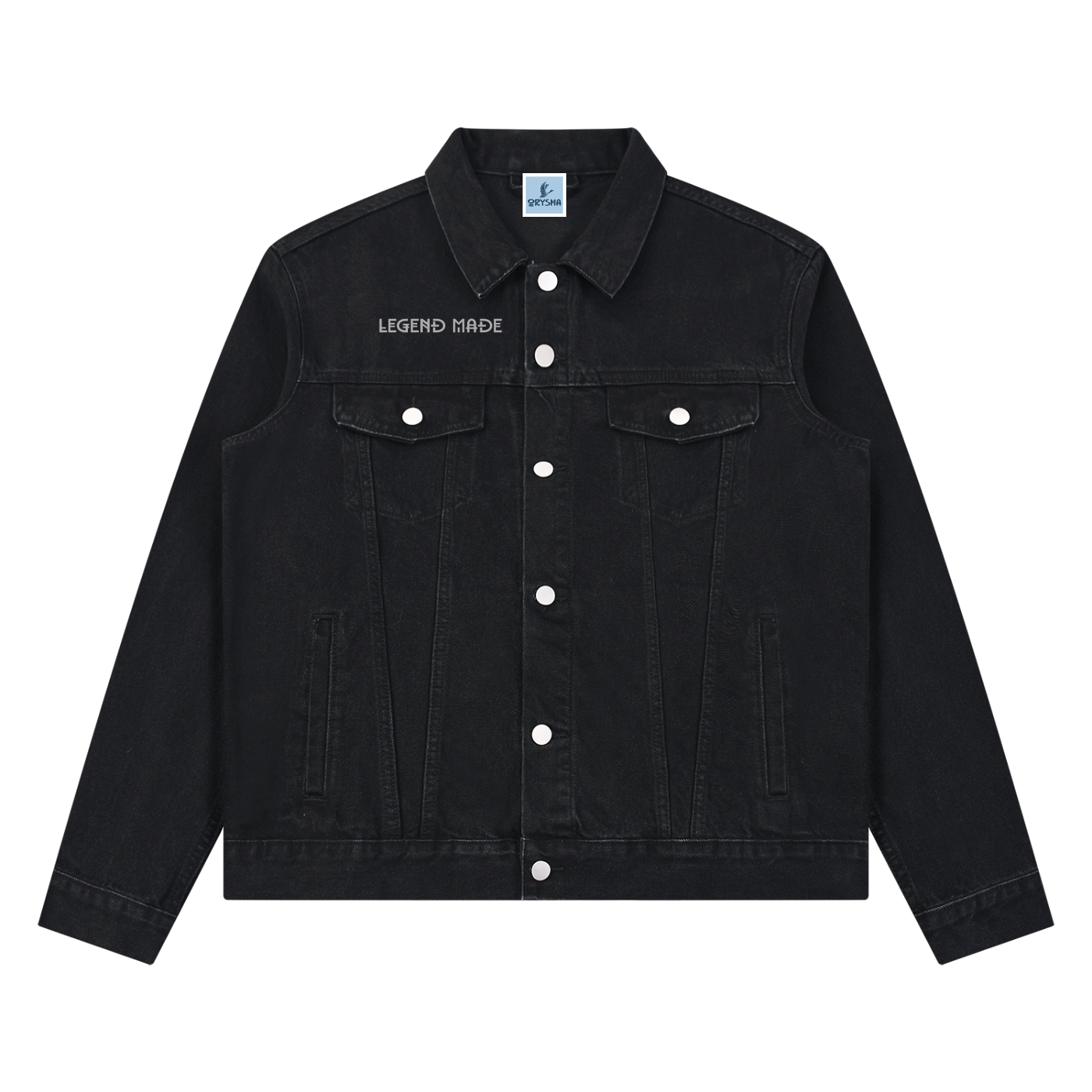 Black denim jacket with 'Legend Made' branding on a white background