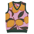 Knit V-neck vest with lemon pattern, pink base, and dark green trim