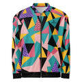 Unisex colorful geometric pattern bomber jacket with abstract shapes and full zip