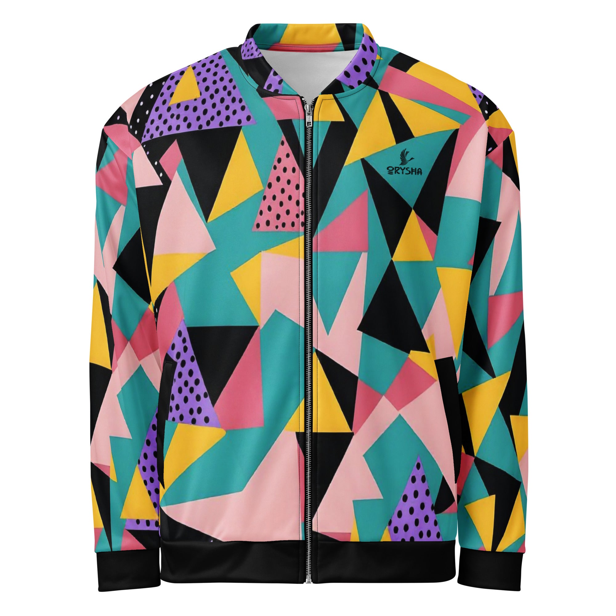 Unisex colorful geometric pattern bomber jacket with abstract shapes and full zip