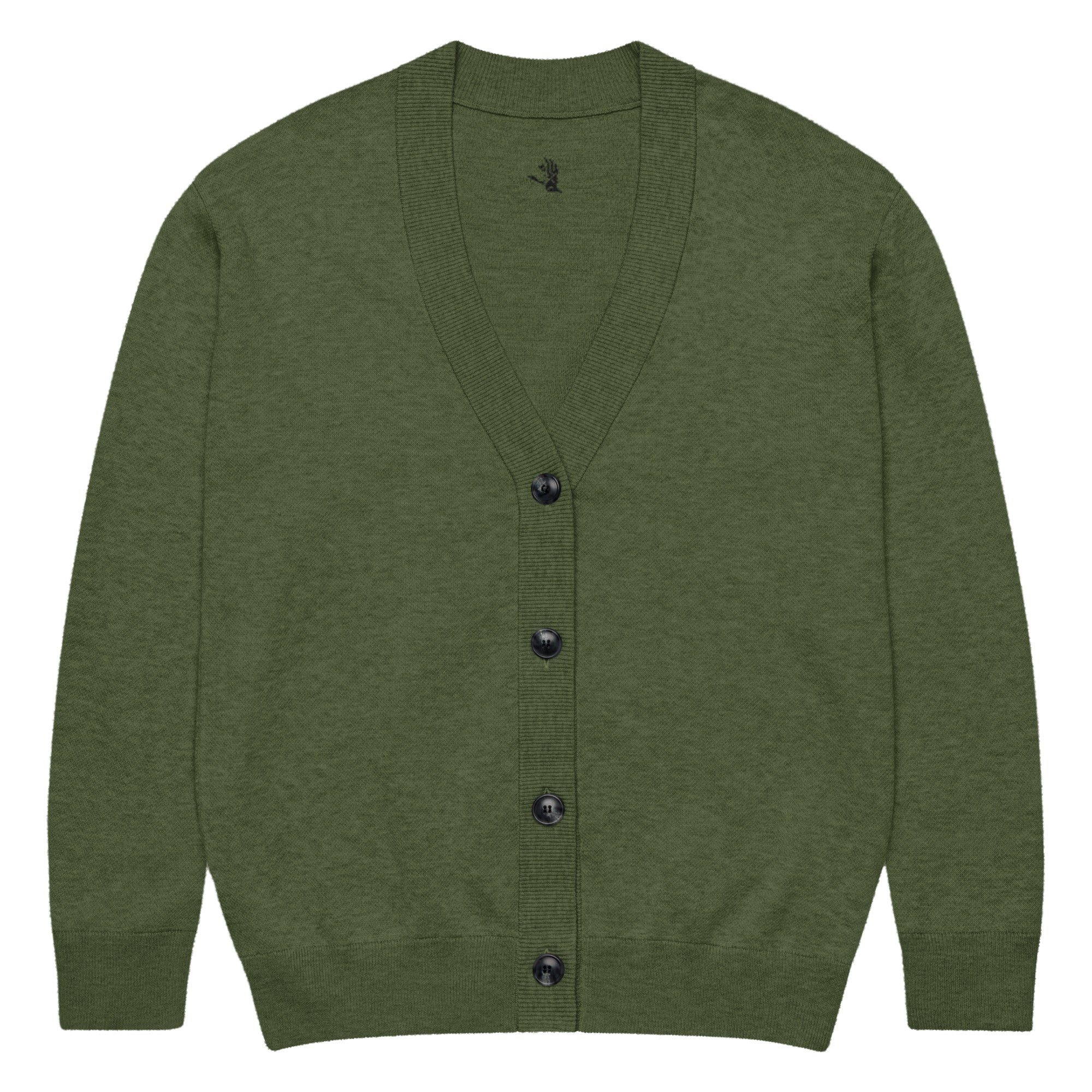 Olive green knitted cardigan with jacquard texture and soft lightweight fabric