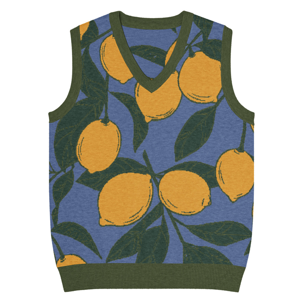 Orysha Citrus Grove Knit Vest featuring an all-over lemon jacquard pattern, blue background, olive green trim, classic V-neck design, and relaxed unisex fit.