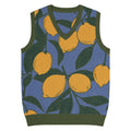 Orysha Citrus Grove Knit Vest featuring an all-over lemon jacquard pattern, blue background, olive green trim, classic V-neck design, and relaxed unisex fit.