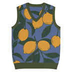Orysha Citrus Grove Knit Vest featuring an all-over lemon jacquard pattern, blue background, olive green trim, classic V-neck design, and relaxed unisex fit.