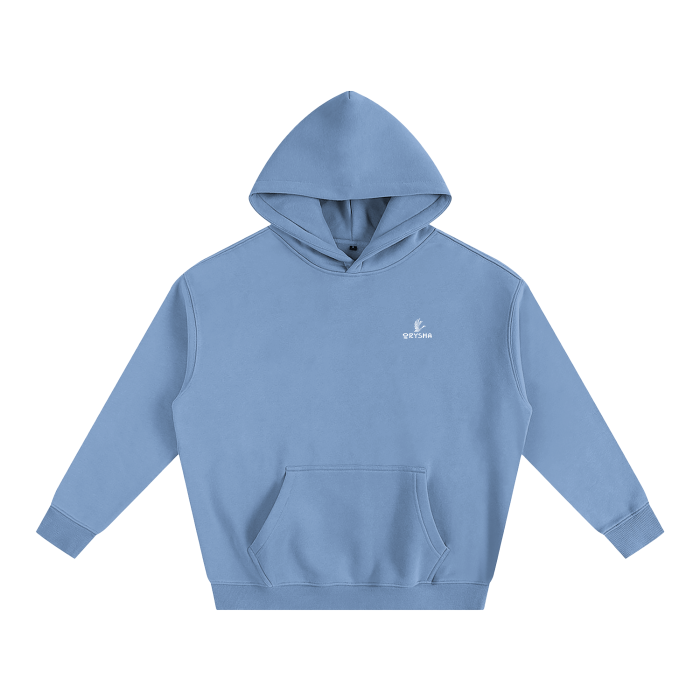 Light blue hoodie with a small logo on a white background