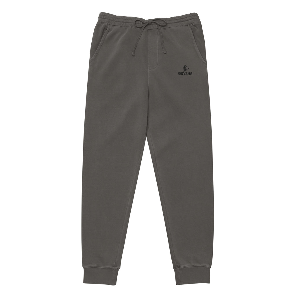 Orysha unisex pigment-dyed sweatpants in washed black, relaxed fit with drawstring waist and ribbed cuffs — vintage-style streetwear joggers.