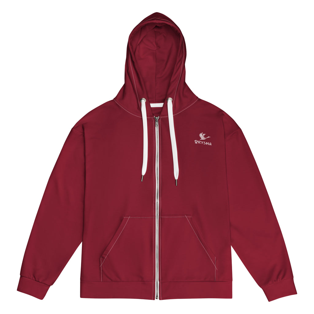 Orysha crimson red zip hoodie with white drawstrings and logo on chest.