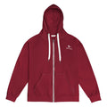 Orysha crimson red zip hoodie with white drawstrings and logo on chest.