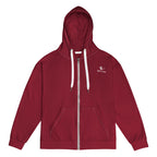 Orysha crimson red zip hoodie with white drawstrings and logo on chest.