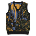 Knit V-neck vest featuring a sunset cityscape with tropical greenery and urban skyline
