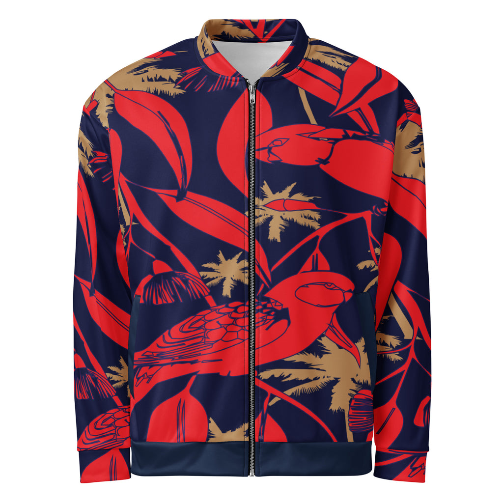 Orysha Tropic Noir Bomber Jacket featuring red tropical graphics on navy base with tan accents and brushed fleece lining.