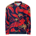 Orysha Tropic Noir Bomber Jacket featuring red tropical graphics on navy base with tan accents and brushed fleece lining.
