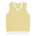 Yellow sweater vest with white trim on a white background