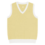 Yellow sweater vest with white trim on a white background