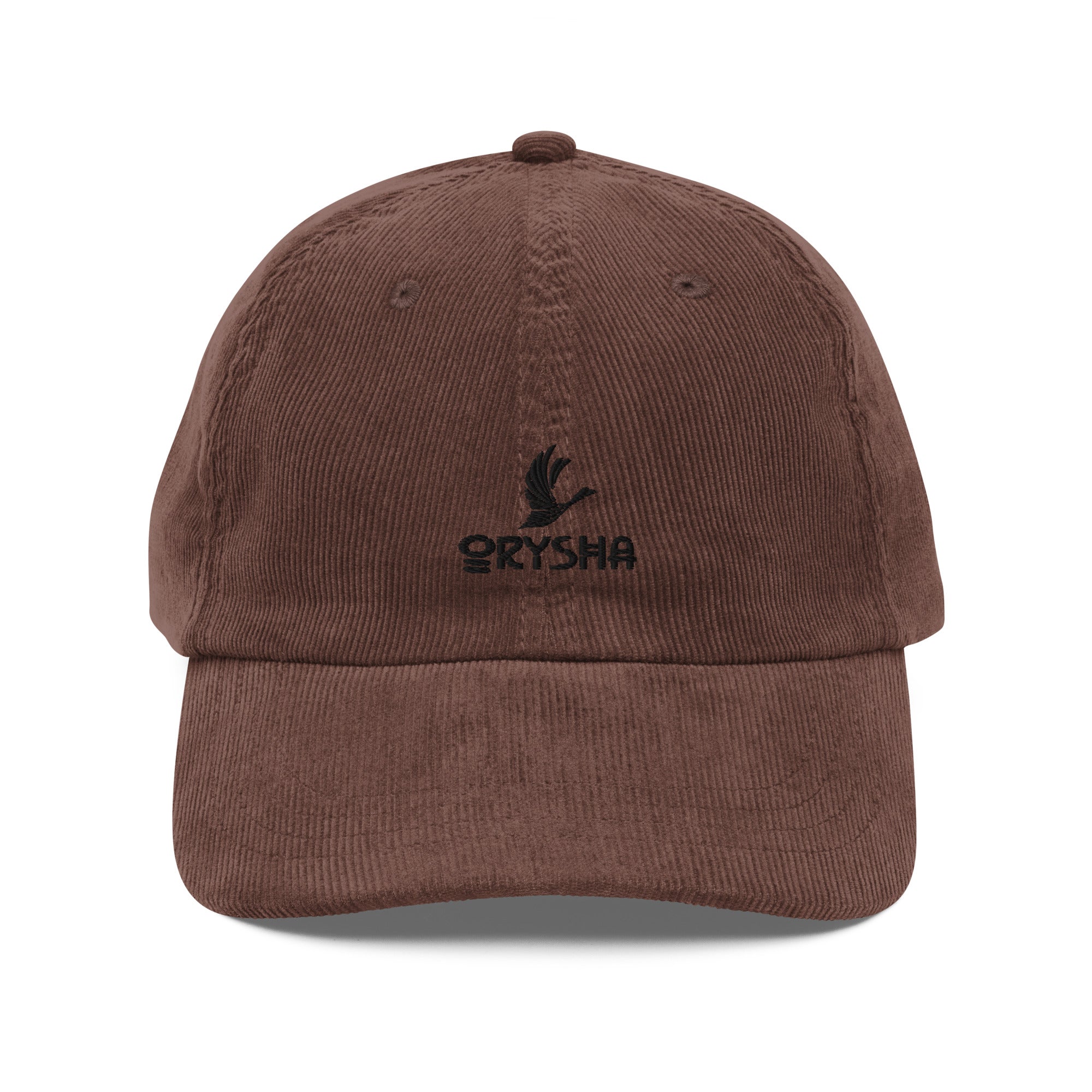 Brown vintage corduroy cap with black embroidered Orysha logo on the front.