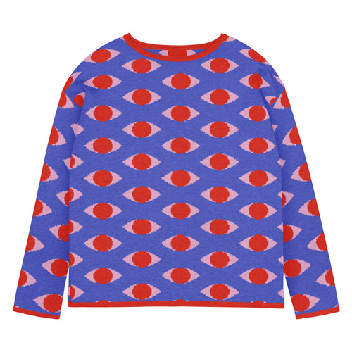 Orysha Vision Loop women’s knitted sweater – blue and red patterned cotton blend with repeating eye motif and straight-bottom fit.
