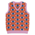 Orange knit V-neck vest with repeating eye pattern and pink trim