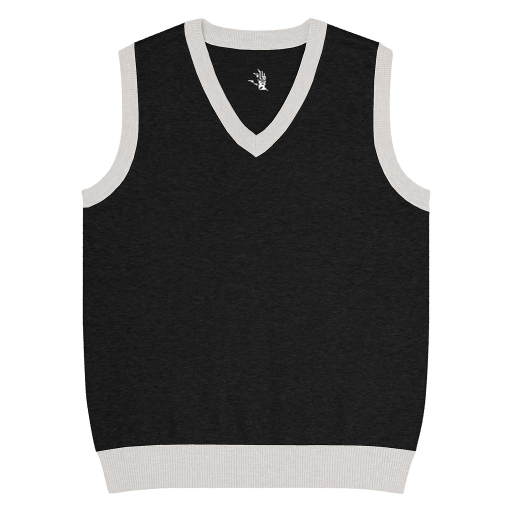 Black sleeveless sweater vest with white trim on a white background