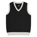 Black sleeveless sweater vest with white trim on a white background