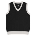Black sleeveless sweater vest with white trim on a white background