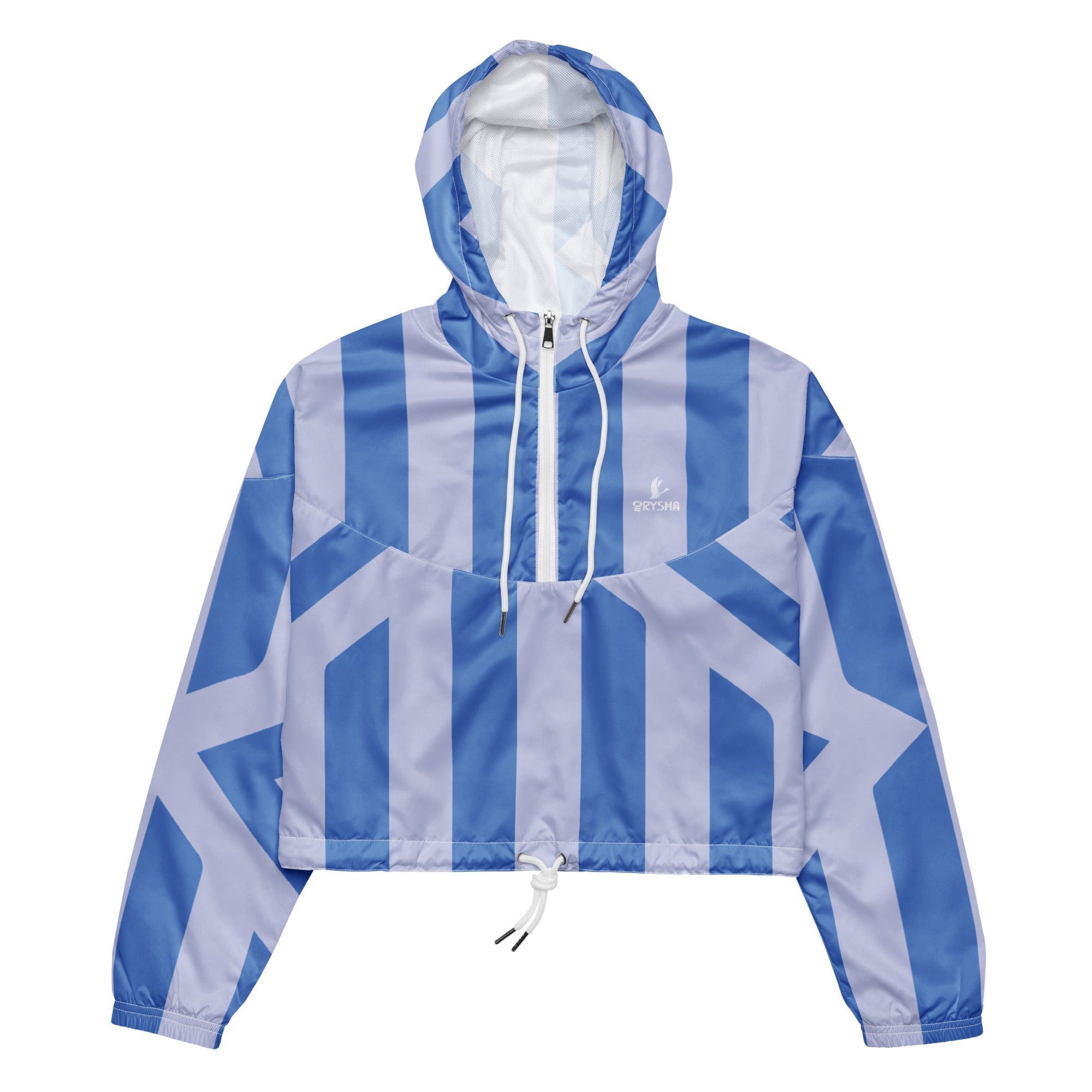 Women’s yellow cropped windbreaker with Blue Current flowing blue pattern and lightweight water-resistant fabric