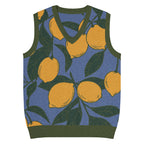 Blue knit V-neck vest with lemon pattern and green trim