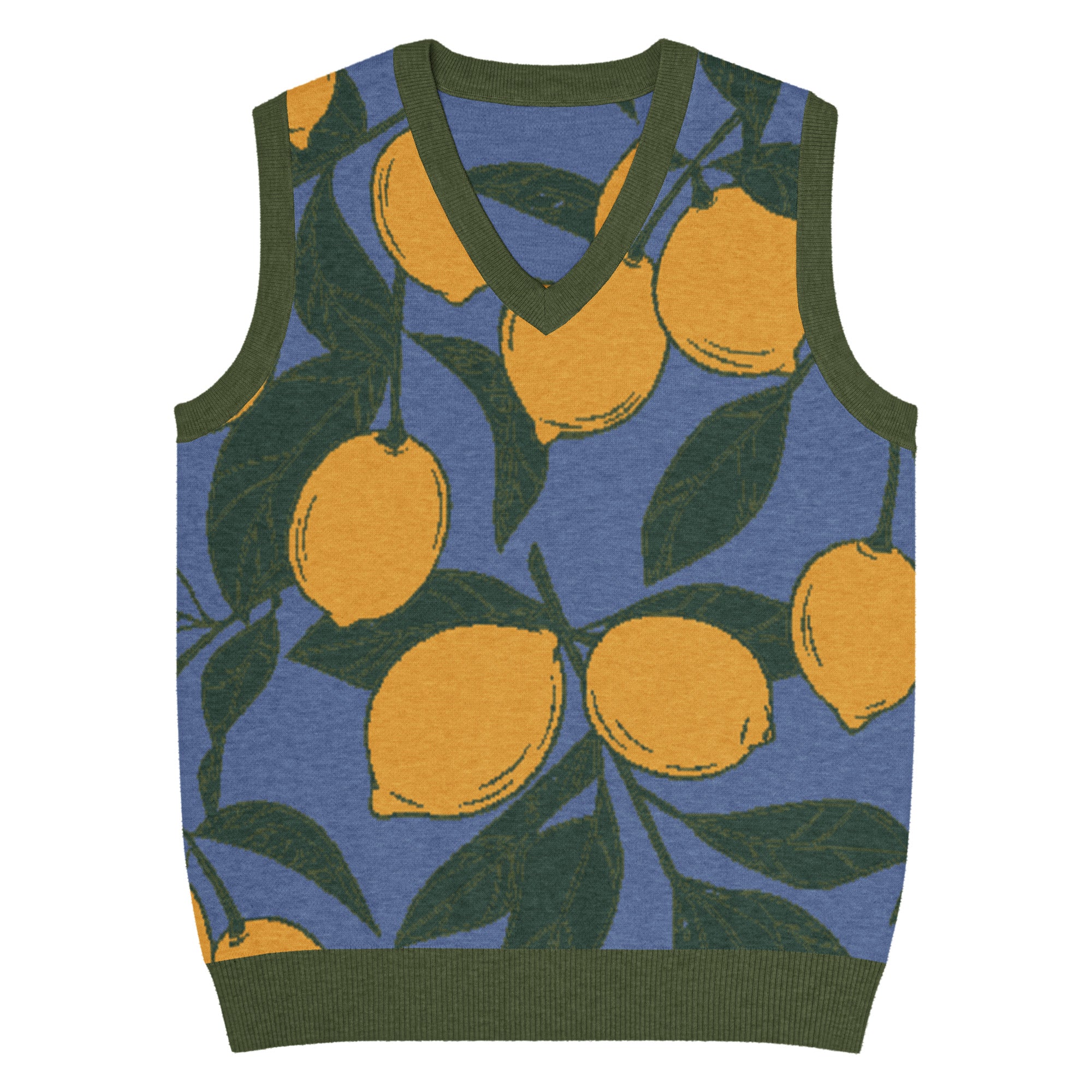 Blue knit V-neck vest with lemon pattern and green trim