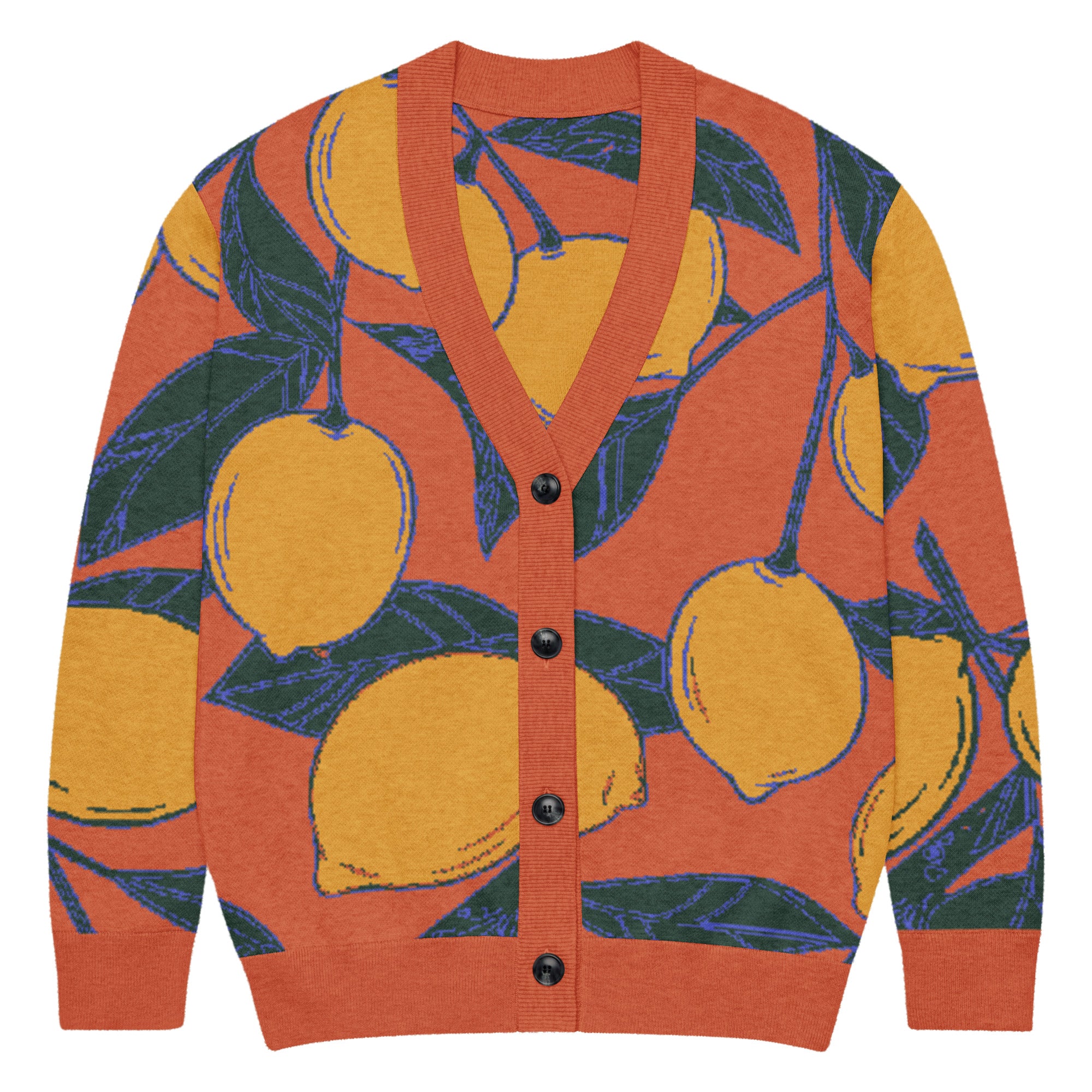 Women’s citrus pattern knitted cardigan with orange, yellow, and green jacquard design, button front, and ribbed trim for bold streetwear styling