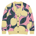 Lightweight knitted cardigan with lemon citrus jacquard pattern on pink background and button front