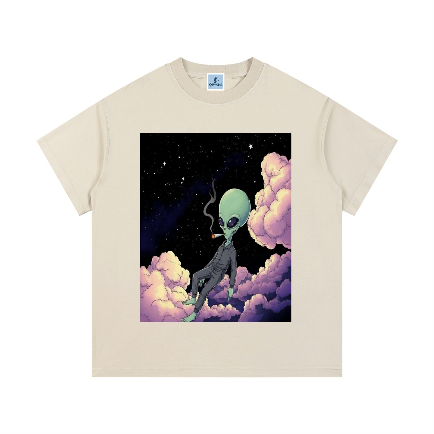 Women’s vintage wash cotton t-shirt with alien graphic floating in clouds colorful streetwear aesthetic