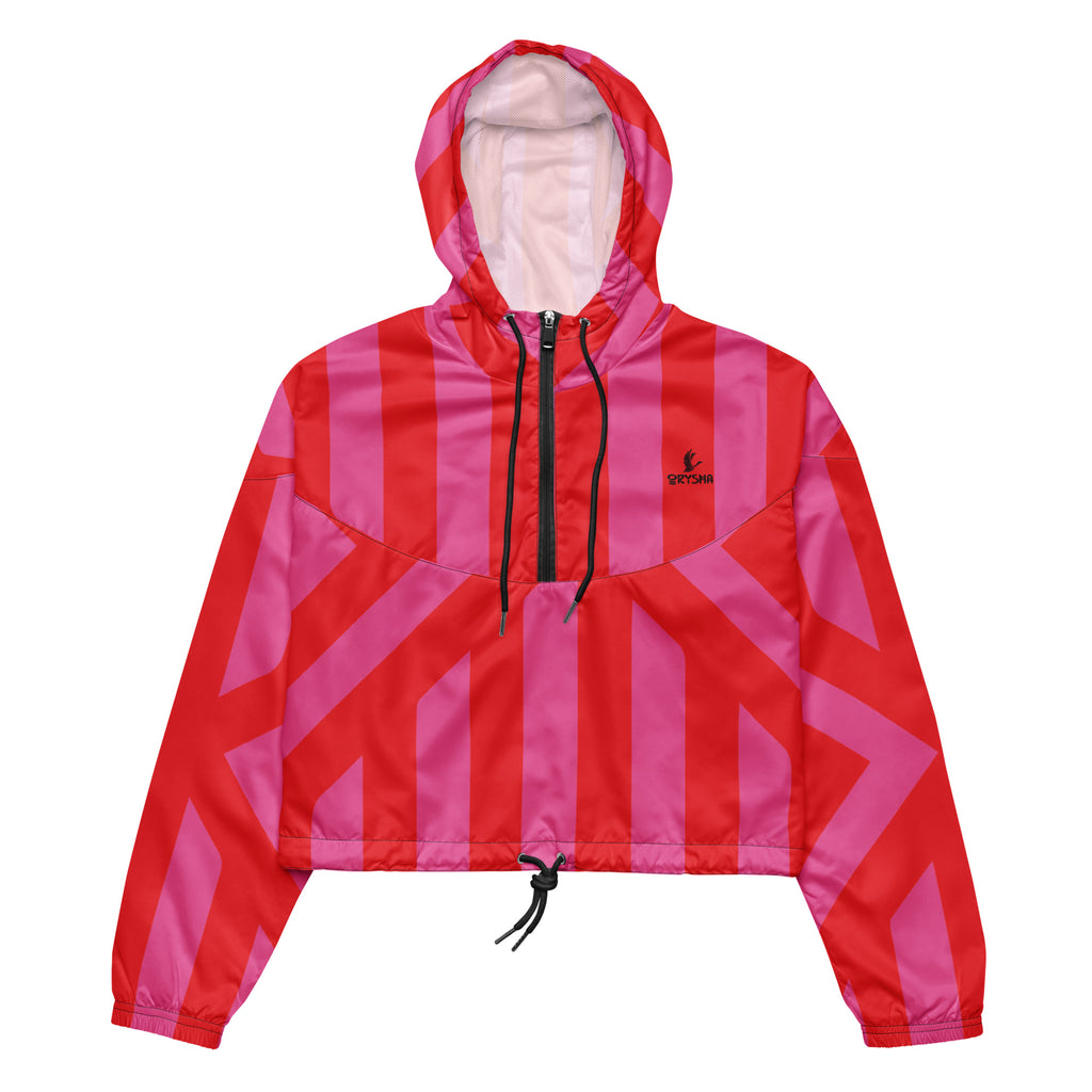 Women’s cropped windbreaker in red and pink geometric Crimson Current design with hood and adjustable fit
