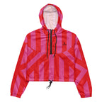 Women’s cropped windbreaker in red and pink geometric Crimson Current design with hood and adjustable fit