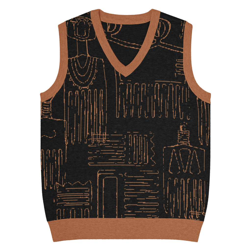 Black knit V-neck vest with tan abstract pattern and contrast trim