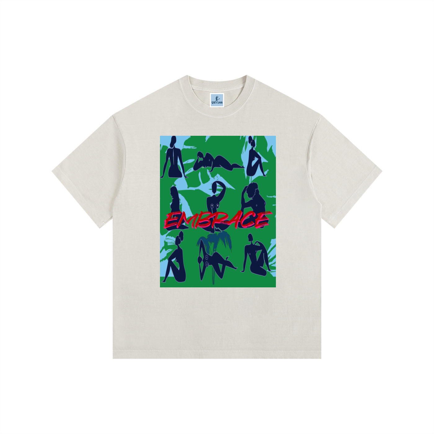 Women’s oversized vintage wash cotton t-shirt with abstract female figures and “Embrace” graphic streetwear design