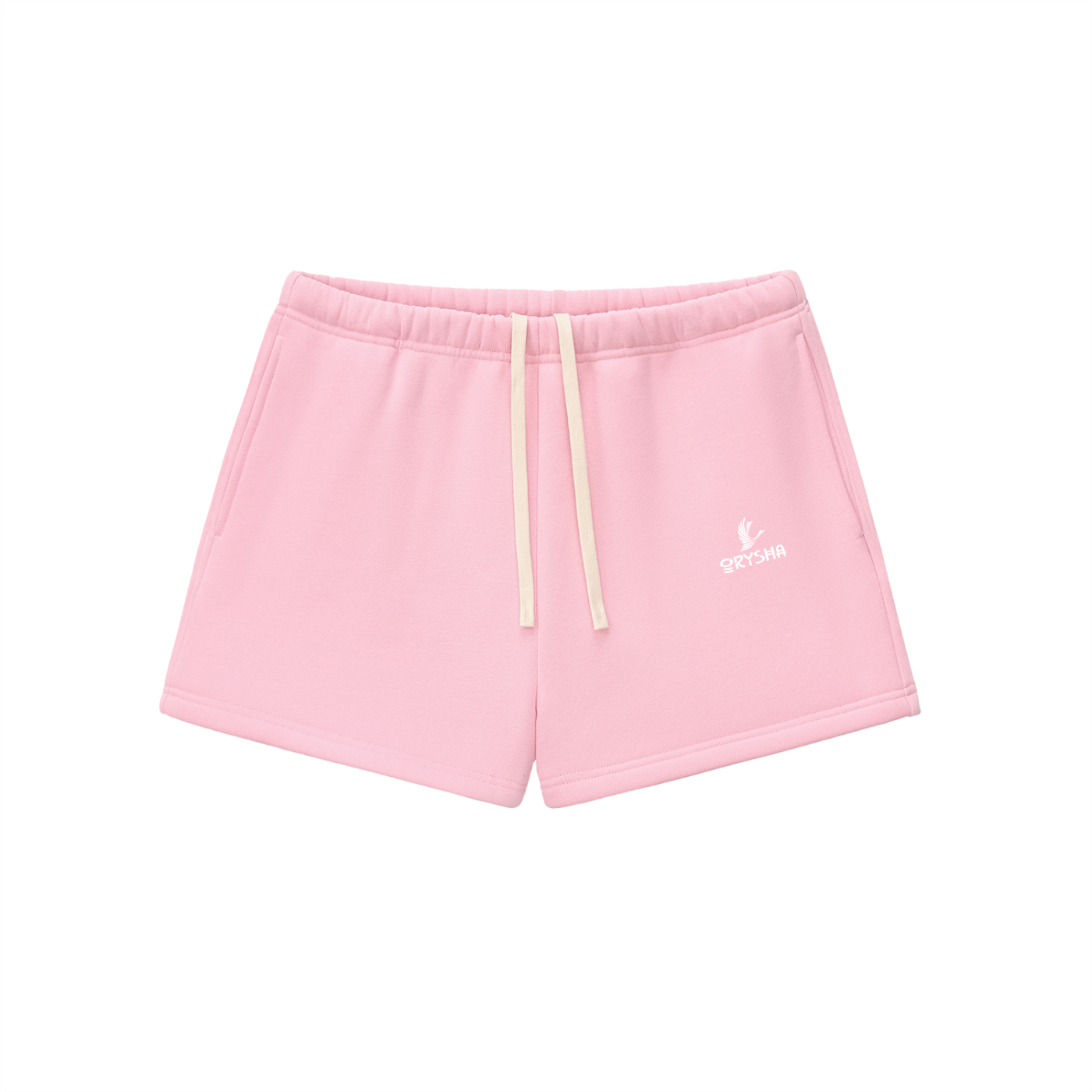 Pink shorts with a logo on a white background