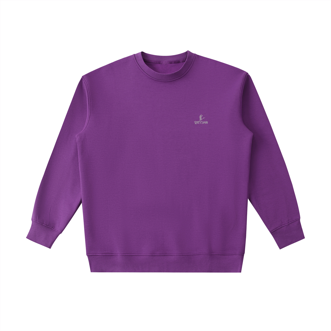Purple sweatshirt with a small logo on a white background