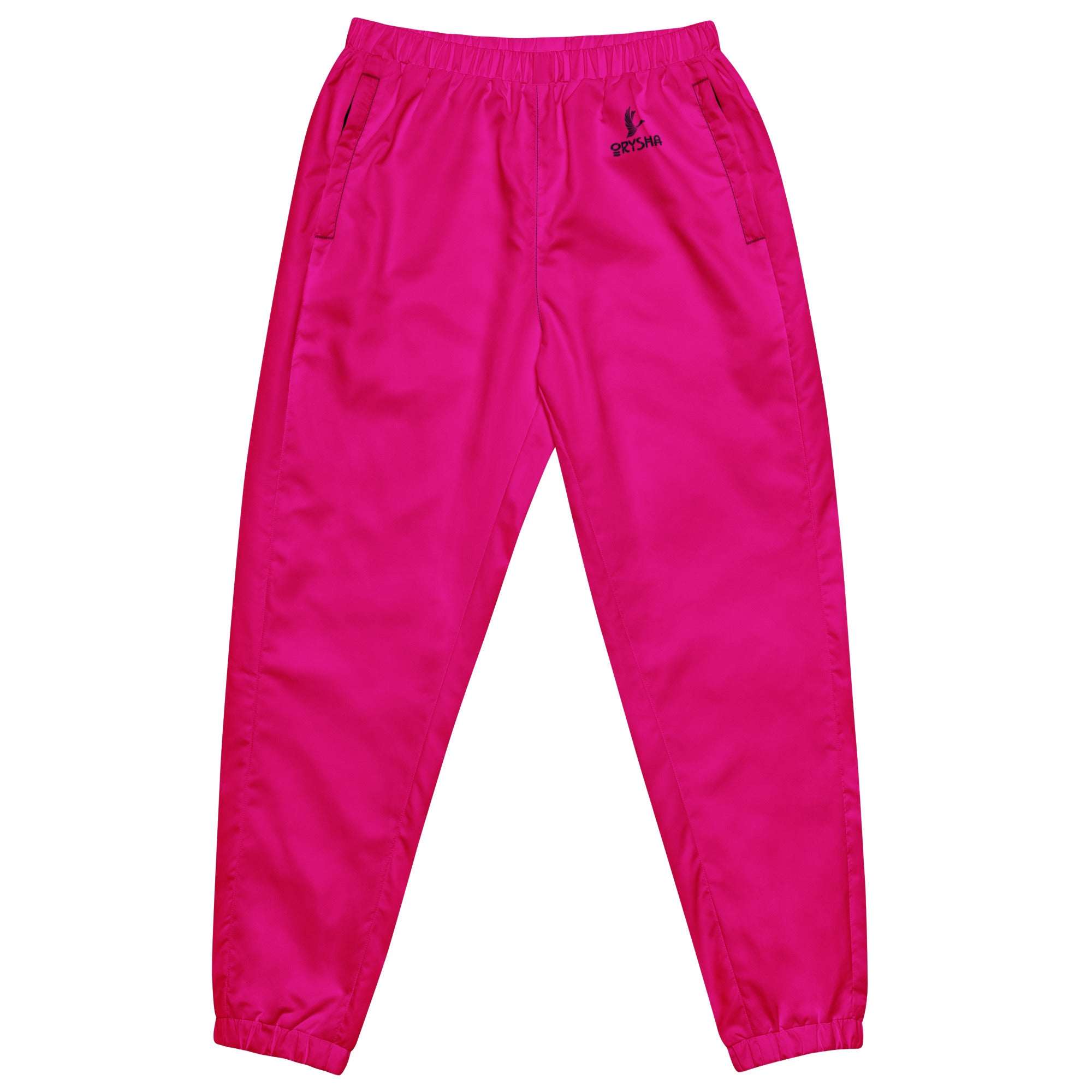 Women’s hot pink water-resistant track pants with relaxed fit and mesh lining