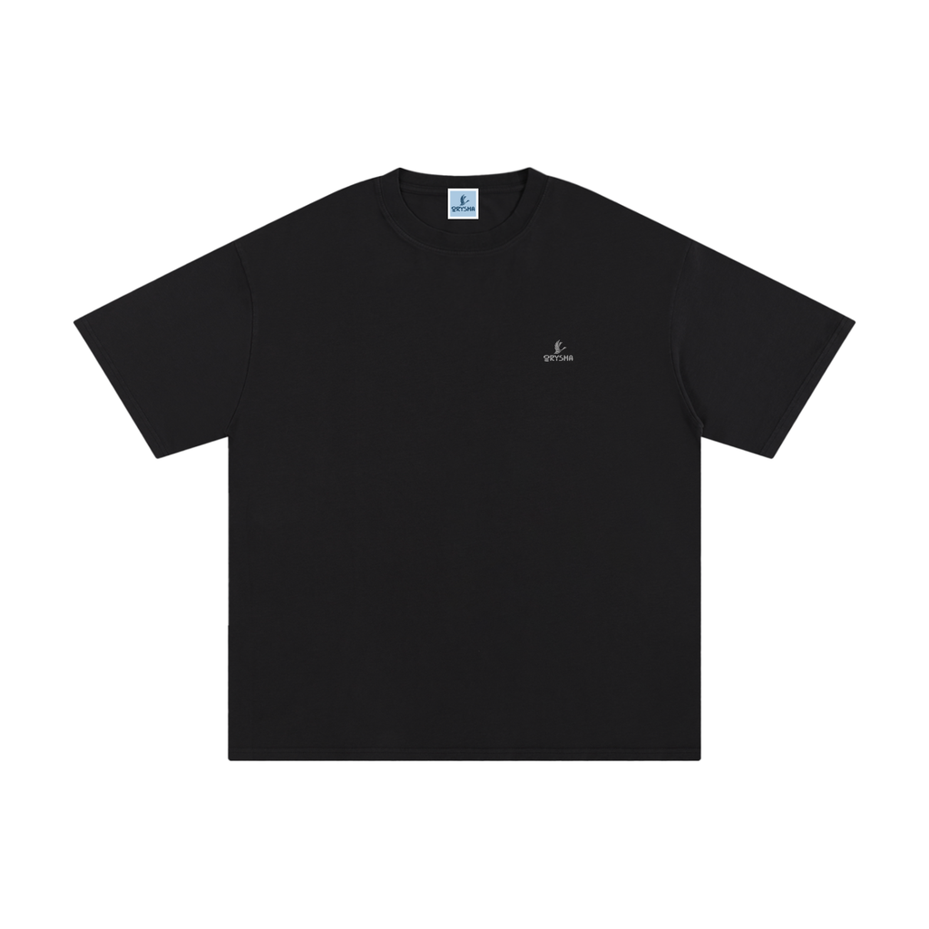 Black t-shirt with a small logo on a white background