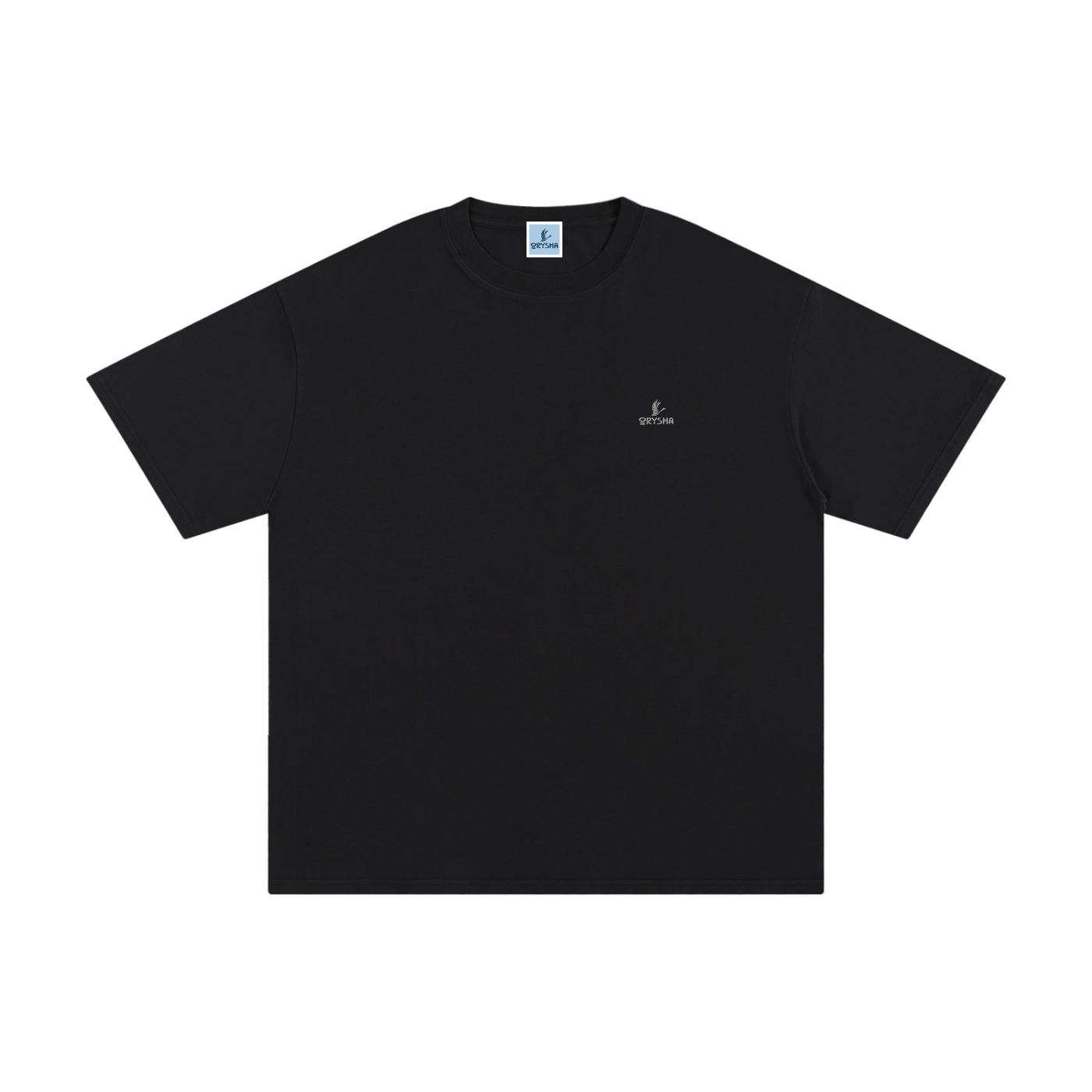 Black t-shirt with a small logo on a white background