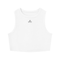 White tank top with a small logo on a white background