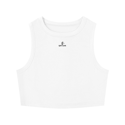 White tank top with a small logo on a white background