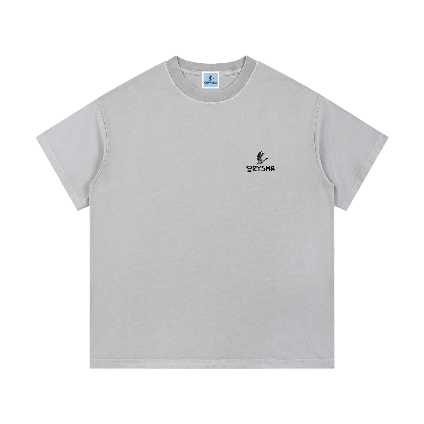 Gray t-shirt with a small logo on a white background
